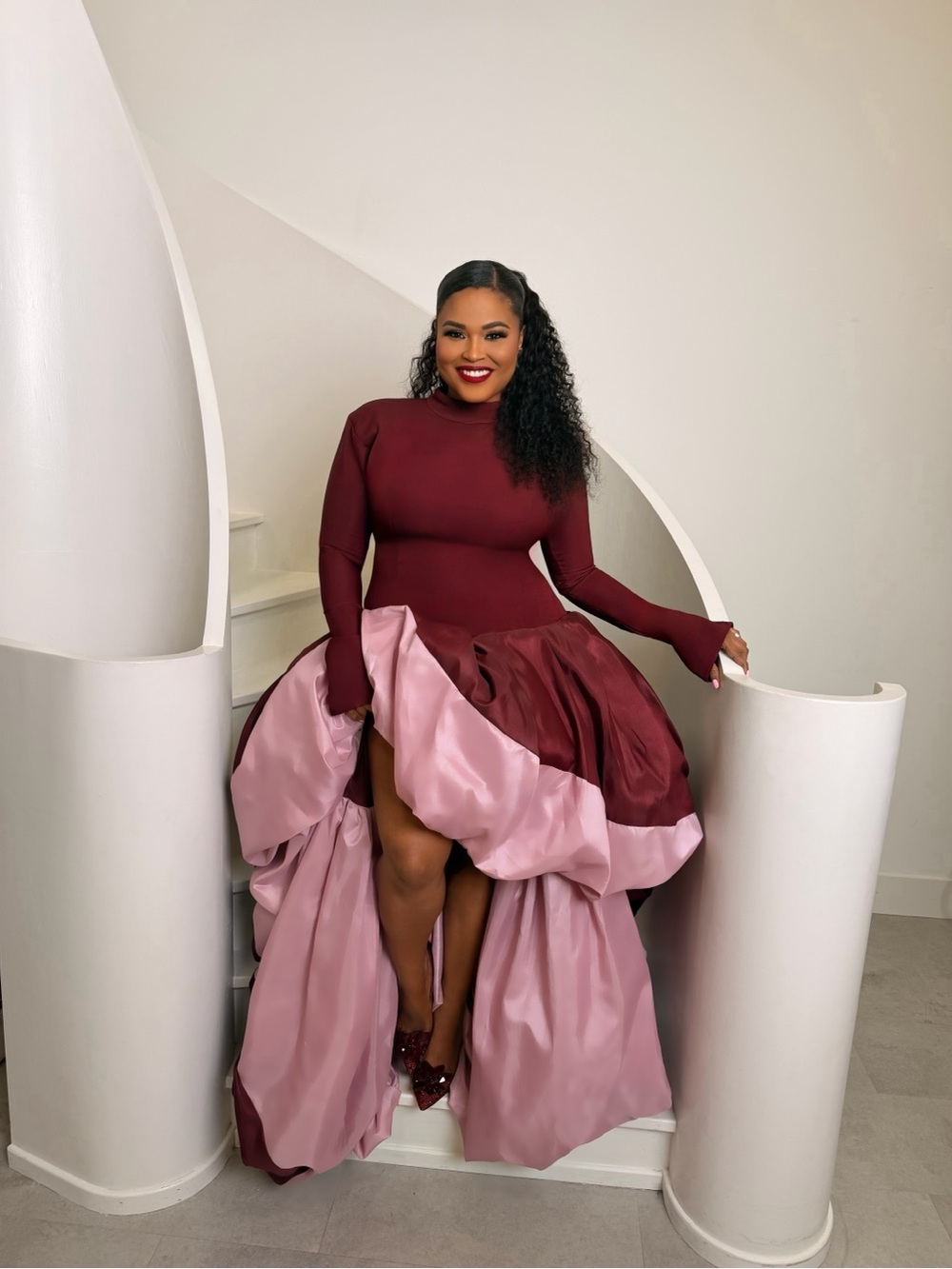 Burgundy and Dusty Rose High-Low Ball Gown